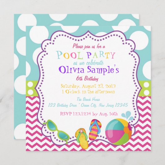 プールを囲んでのパーティの誕生日の招待状 招待状 (正面/裏面)
