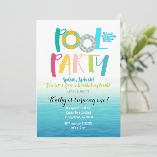プールを囲んでのパーティの誕生日の招待状 招待状 (スタンド正面)