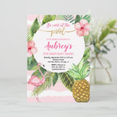 プールを囲んでのパーティの誕生日、熱帯ピンクおよび金ゴールドの女の子 招待状 (スタンド正面)