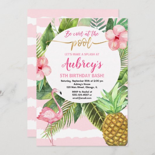 プールを囲んでのパーティの誕生日、熱帯ピンクおよび金ゴールドの女の子 招待状 (正面/裏面)
