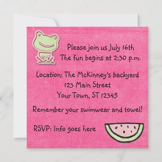 プールを囲んでのパーティの誕生日Invitaiton 招待状 (裏面)