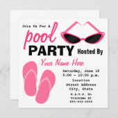 プールを囲んでのパーティ-レトロのキャッツ・アイのサングラス及びビーチサンダル 招待状 (正面/裏面)