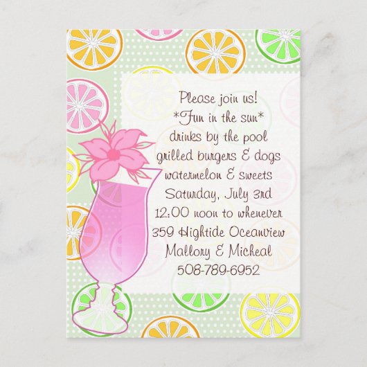 プールを囲んでのパーティ、太陽の招待のおもしろい インビテーションポストカード (正面)