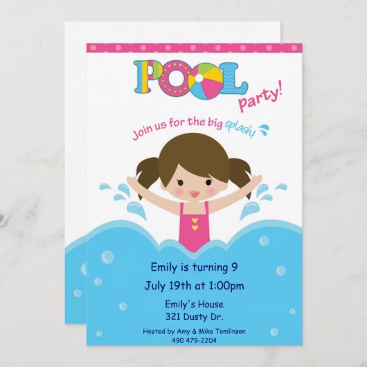 プールを囲んでのパーティ-女の子 招待状 (正面/裏面)