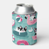 プールを持つ犬のフロート、ヴィンテージパターン。 缶クーラー (缶正面)