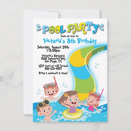 プールウォータースライド誕生日パーティー 招待状 (正面)