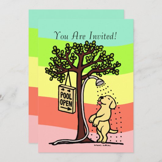 プールオープンおもしろいイエローラブラドール漫画 招待状 (正面/裏面)