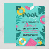 プールカラフルパーティー誕生日 招待状 (正面/裏面)
