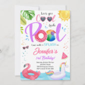 プールクールパーティーガールズ誕生日招待状 招待状 (正面)