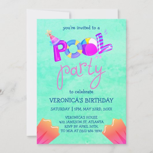 プールクールパーティーサマースイミングウォーター誕生日 招待状 (正面)