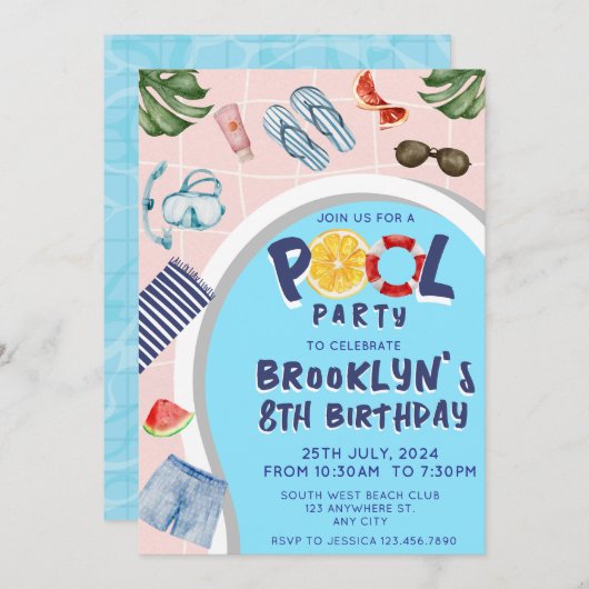プールクールパーティー誕生日招待状 招待状 (正面/裏面)