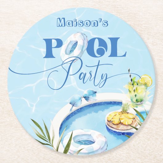 プールクール誕生日パーティー青い水泳 ラウンドペーパーコースター (正面)