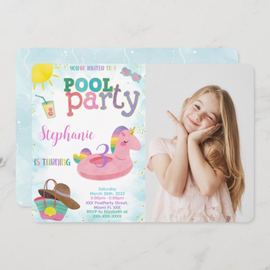 プールクール誕生日フォト招待状 招待状 (正面/裏面)