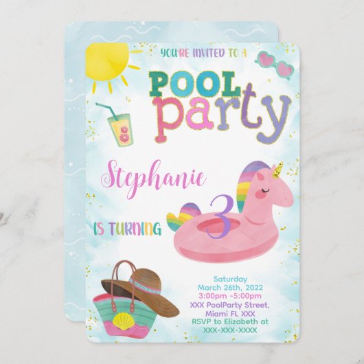プールクール誕生日招待状 招待状 (正面/裏面)