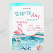 プールグラスフラミンゴスサマーバースデーパーティー 招待状 (正面/裏面)