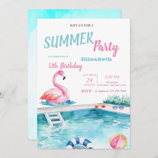 プールグラスフラミンゴスサマーバースデーパーティー 招待状 (正面/裏面)