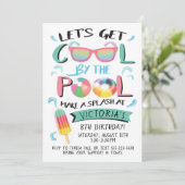 プールサイドでクールな誕生日パーティーの招待状 招待状 (スタンド正面)