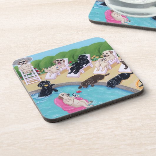 プールサイドのパーティーのラブラドールの絵を描くこと コースター (左側)