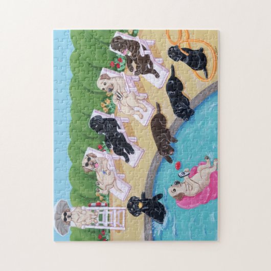 プールサイドのパーティーのラブラドールの絵を描くこと ジグソーパズル (縦)