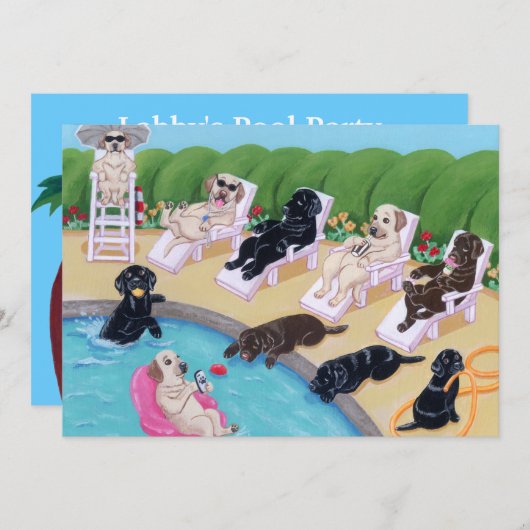 プールサイドのパーティーのラブラドールの絵を描くこと 招待状 (正面/裏面)