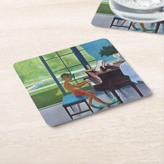 プールサイドのピアノ練習 スクエアペーパーコースター (アングル)