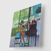 プールサイドのピアノ練習 スクエア壁時計 (傾斜)