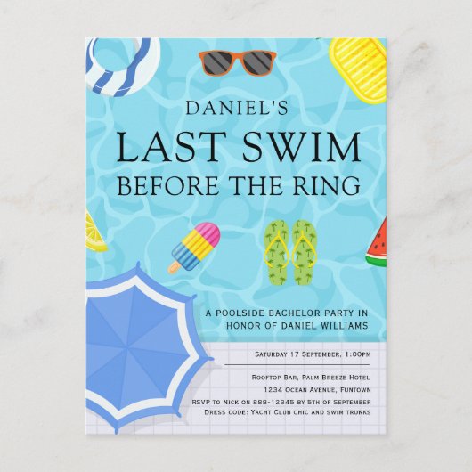 プールサイドの独身パーティー招待状 ポストカード (正面)