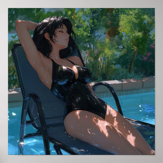 プールサイドの黒い水着の陽気なアニメ少女 ポスター
