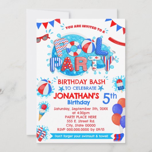 プールサマーバースデーパーティー赤白青 招待状 (正面)