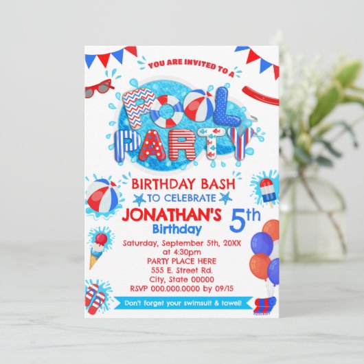 プールサマーバースデーパーティー赤白青 招待状 (スタンド正面)