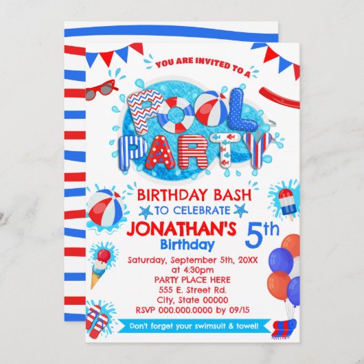 プールサマーバースデーパーティー赤白青 招待状 (正面/裏面)