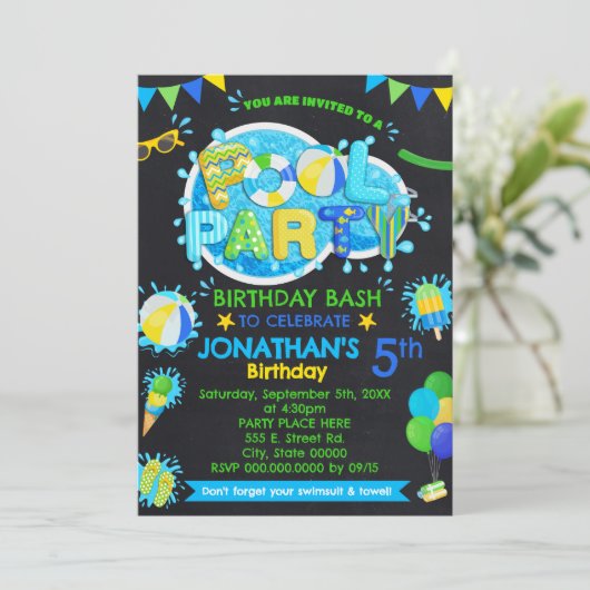 プールサマー誕生日バッシュブルーグリーンイエローパーティー 招待状 (スタンド正面)