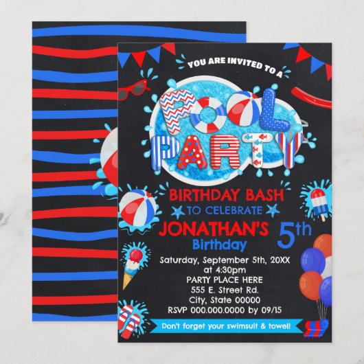プールサマー誕生日バッシュ 赤白青パーティー 招待状 (正面/裏面)