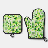 プールタイル、緑のモザイクタイル、幾何学的パターン 鍋つかみ&鍋敷きセット (正面)