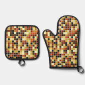 プールタイル、茶色のモザイクタイル、幾何学的パターン 鍋つかみ&鍋敷きセット (正面)