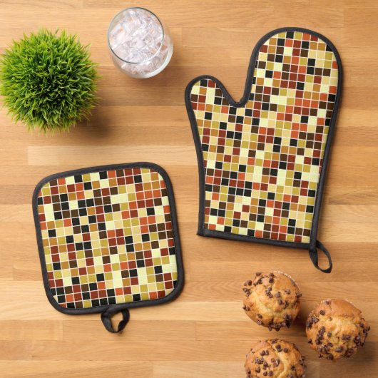 プールタイル、茶色のモザイクタイル、幾何学的パターン 鍋つかみ&鍋敷きセット (トップダウン)