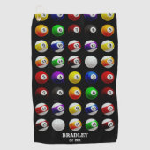 プールテーブルビリヤードのボールパターンブラック ゴルフタオル (正面)