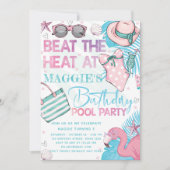プールバースデーパーティキュートピンクターコイズ招待状 招待状 (正面)