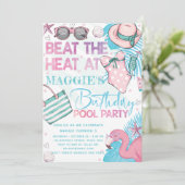 プールバースデーパーティキュートピンクターコイズ招待状 招待状 (スタンド正面)