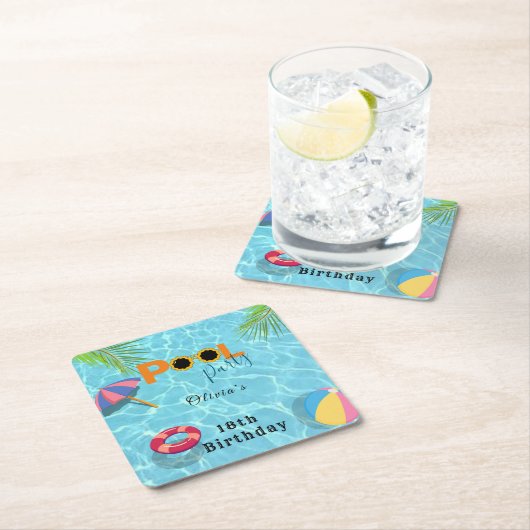 プールバースデーパーティーお祝いテーマ スクエアペーパーコースター (インサイチュ)