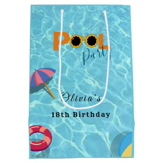 プールバースデーパーティーお祝いテーマ ミディアムペーパーバッグ (裏面)