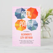 プールバースデーパーティーの傘のピンククールのトゥイーン10代の 招待状 (スタンド正面)