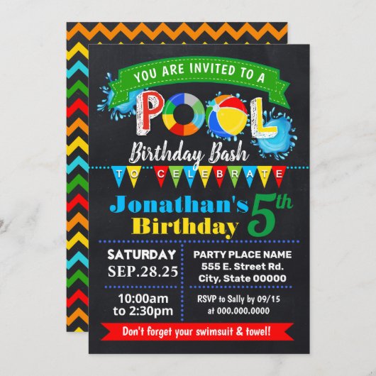プールバースデーパーティーの夏の盛り上がり 招待状 (正面/裏面)