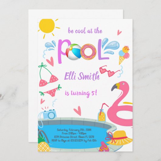 プールバースデーパーティーの招待 招待状 (正面/裏面)