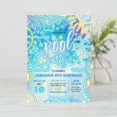 プールバースデーパーティースライドスプラッシュパッド絞り染めグロー 招待状 (スタンド正面)