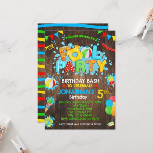 プールバースデーパーティーラバーダックプライマリーカラーウッド 招待状 (正面/裏面インサイチュ)