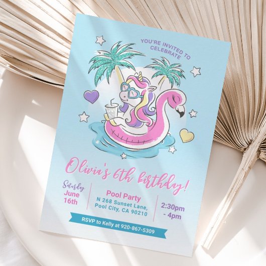 プールバースデーパーティーUnicornフラミンゴトロピカル 招待状