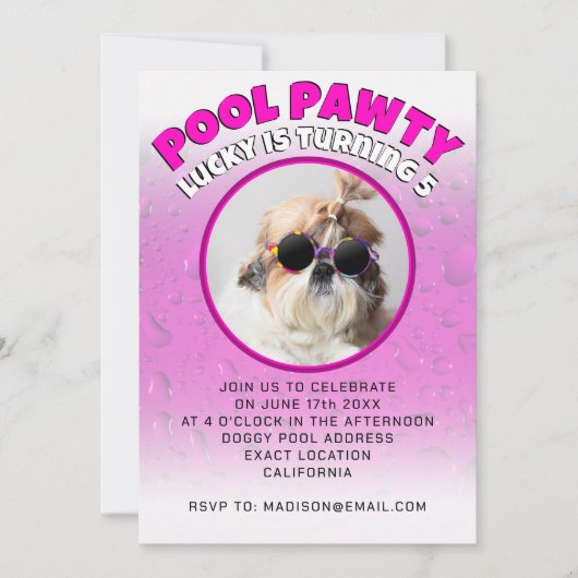 プールパウィー子犬カスタムの写真の誕生日パーティー 招待状 (正面)