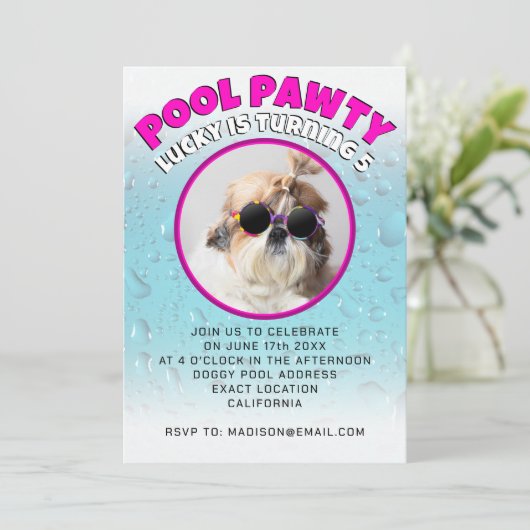 プールパウィー子犬カスタムの写真の誕生日パーティー 招待状 (スタンド正面)