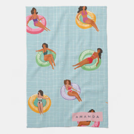 プールパーソナライズされたフロッリラックストに登場する夏の女性 キッチンタオル